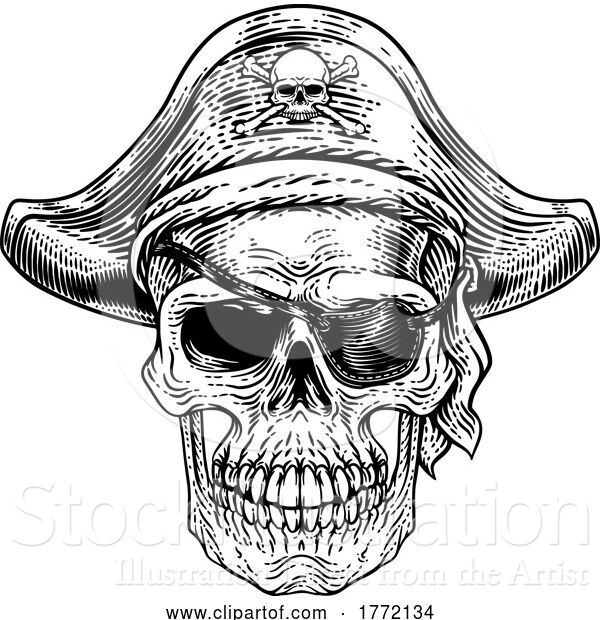 Vector Illustration of Pirate Skull Skeleton Grim Reaper Mascot Woodcut