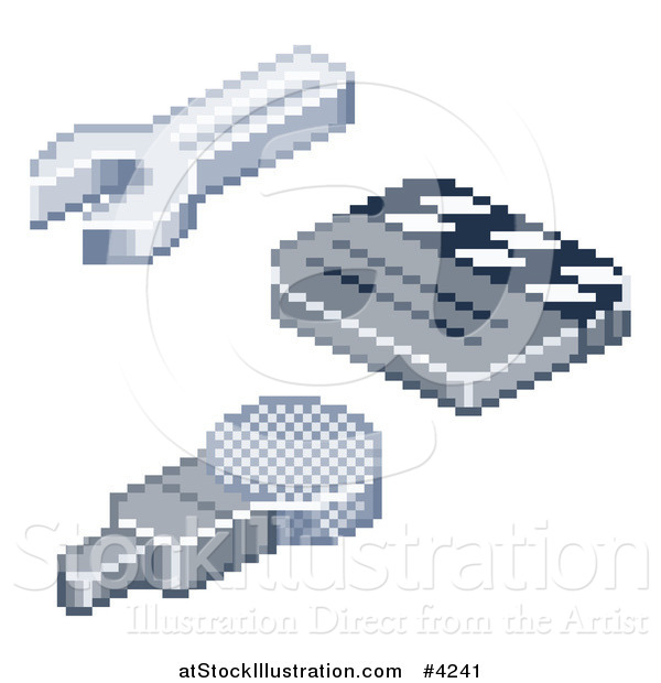 Vector Illustration of Pixelated Wrench Film Clapper Board and Microphone Icons