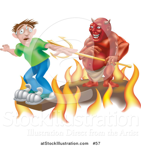 Vector Illustration of Plank Above the Fires of Hell, a Devil Holding a Pitchfork Behind Him