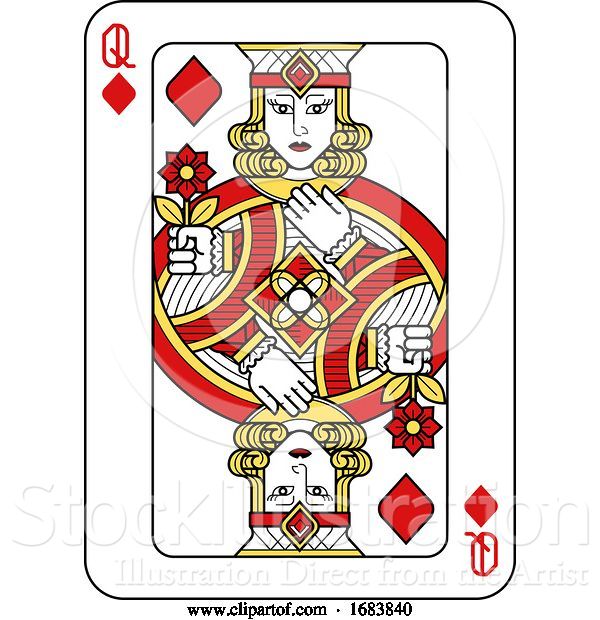 Vector Illustration of Playing Card Queen Diamonds Red Yellow and Black