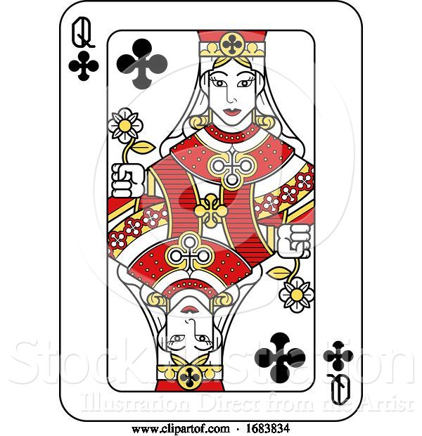 Vector Illustration of Playing Card Queen of Clubs Red Yellow and Black