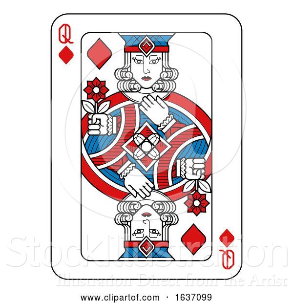 Vector Illustration of Playing Card Queen of Diamonds Red Blue and Black