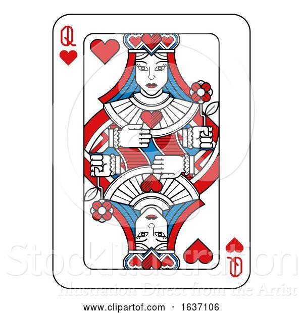 Vector Illustration of Playing Card Queen of Hearts Red Blue and Black