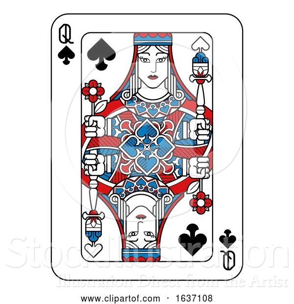 Vector Illustration of Playing Card Queen of Spades Red Blue and Black