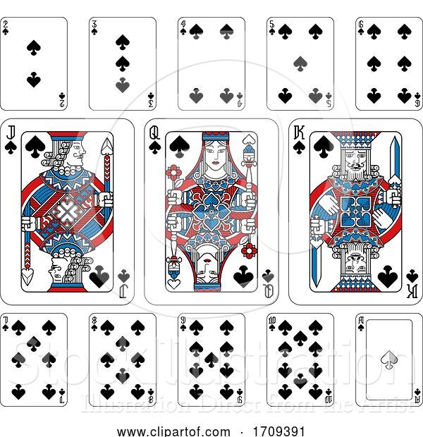 Vector Illustration of Playing Cards Spades Red Blue and Black