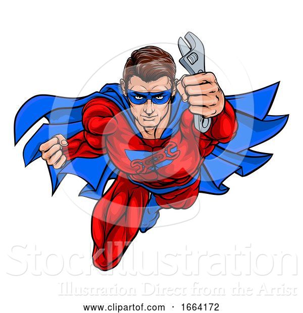 Vector Illustration of Plumber Mechanic Superhero Holding Wrench Spanner