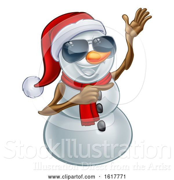 Vector Illustration of Pointing Snowman Wearing a Santa Hat and Sunglasses