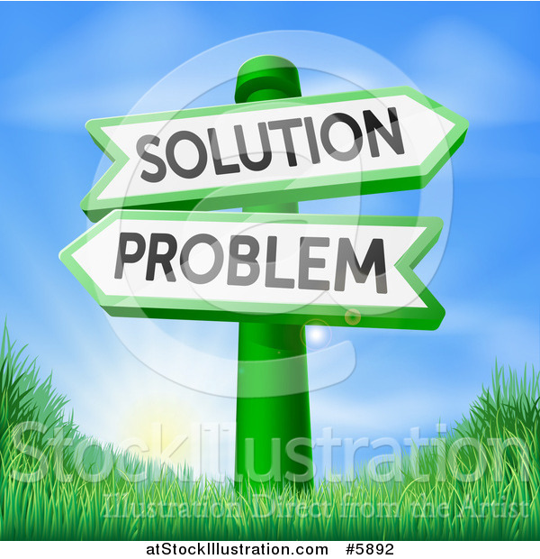 Vector Illustration of Problem and Solution Arrow Directional Signs over Sunrise