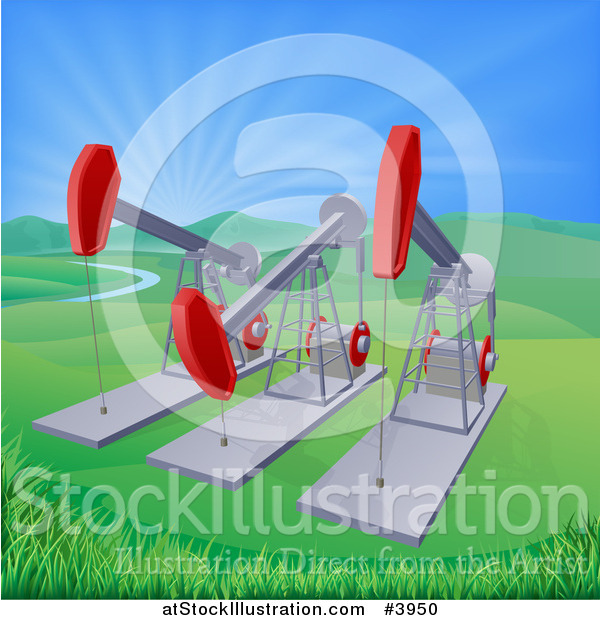 Vector Illustration of Pumpjacks over Oil Wells in a Hilly Landscape with Sun Rays