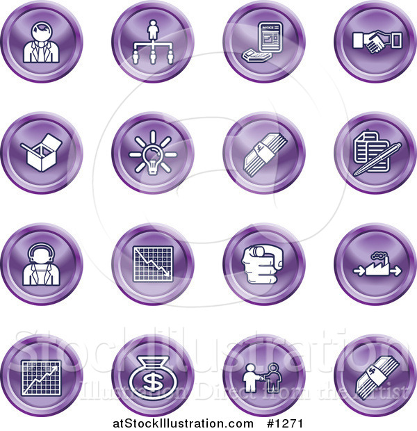 Vector Illustration of Purple Business Icons: Business People, Management, Hand Shake, Lightbulb, Cash, Charts, and Money Bags