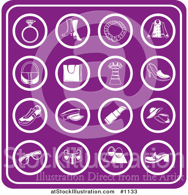 Vector Illustration of Purple Fashion Icons Including a Diamond Ring, Boots, Necklace, Jacket, Purse, Bag, Dress, Shoes, Sneakers, Hats, Lipstick, Straw Hats, Sunglasses, and Handbags