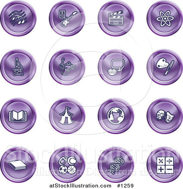 Vector Illustration of Purple Icons: Music Notes, Guitar, Clapperboard, Atom, Microscope, Atoms, Messenger, Painting, Book, Circus Tent, Globe, Masks, Sports Balls, and Math