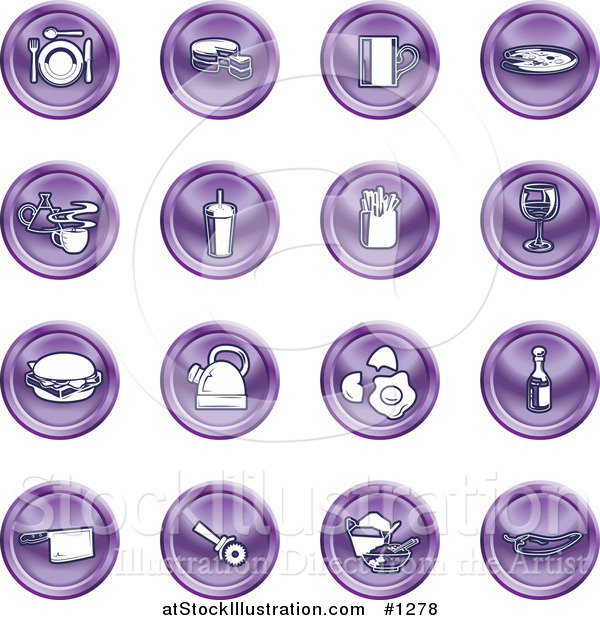 Vector Illustration of Purple Icons of Food and Kitchen Items on a White Background