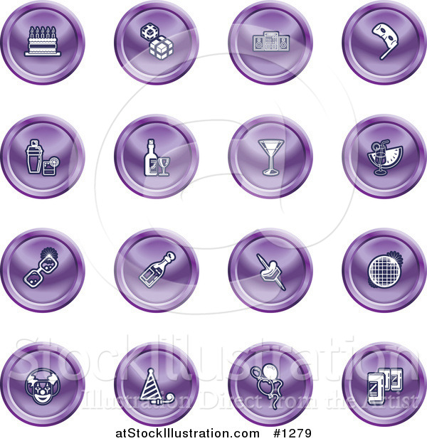 Vector Illustration of Purple Icons of Gifts, Radio, Mask, Alcohol, Kebobs, Disco Ball, Clown, Party Hats, Balloons and Beer