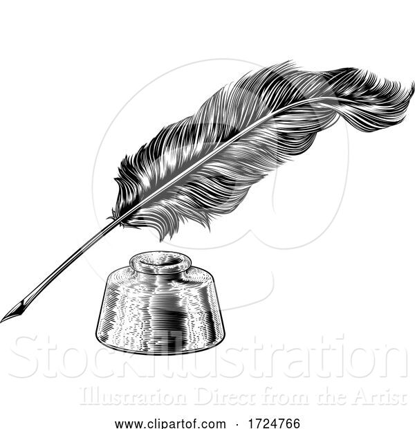 Vector Illustration of Quill Feather Ink Pen and Inkwell Vintage Woodcut