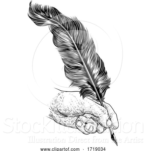 Vector Illustration of Quill Feather Ink Pen Hand Vintage Woodcut Print