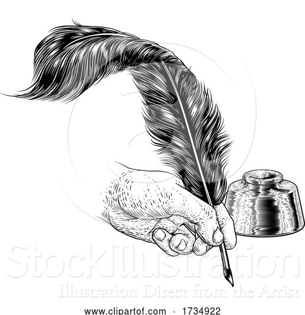 Vector Illustration of Quill Feather Ink Pen Hand Vintage Woodcut Print