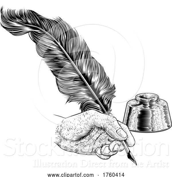 Vector Illustration of Quill Feather Ink Pen Hand Vintage Woodcut Print