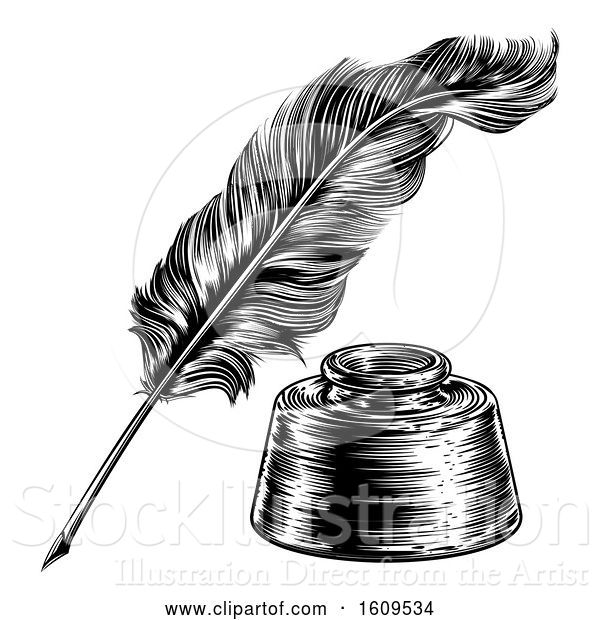 Vector Illustration of Quill Feather Pen and Ink Well