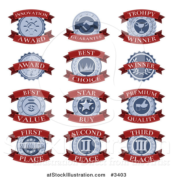 Vector Illustration of Red and Blue Awards with Text on Banners