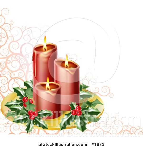 Vector Illustration of Red Candles with Christmas Holly on a Tray over a Pink Swirl and White Background