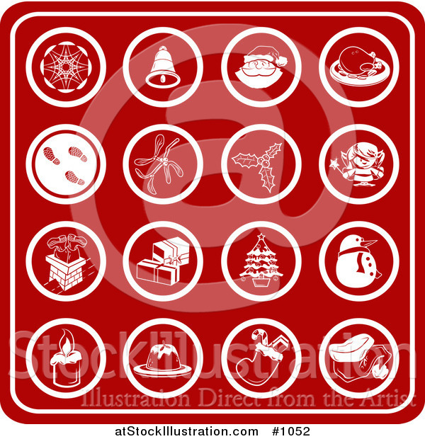 Vector Illustration of Red Christmas Icons Including a Snowflake, Bell, Santa, Turkey Dinner, Footprints in Snow, Holly, Mistletoe, Elf, Chimney, Presents, Christmas Tree, Snowman, Candle, Dessert, Stocking and Santa Hat