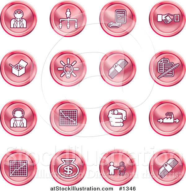 Vector Illustration of Red Icons: Business People, Management, Hand Shake, Lightbulb, Cash, Charts, and Money Bags