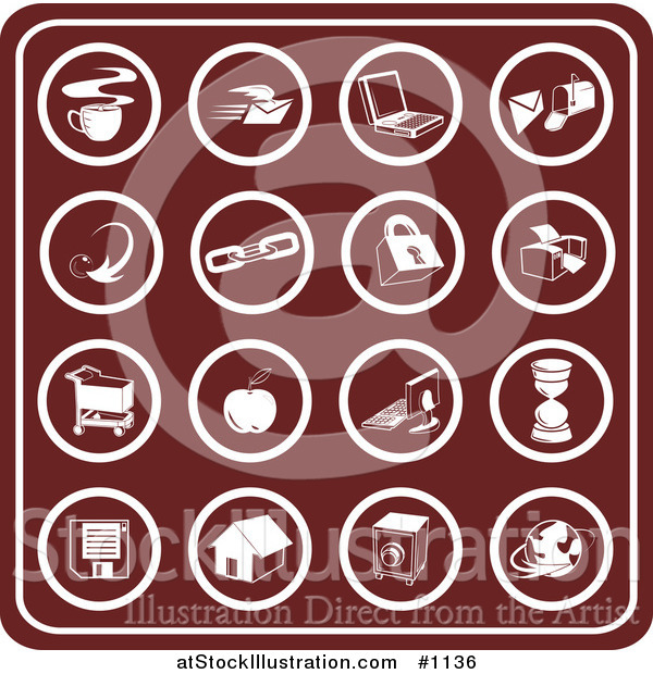 Vector Illustration of Red Icons Including Java, Email, Laptop, Mailbox, Links, Padlock, Printer, Shopping Cart, Apple, Computer, Hourglass, Floppy Disc, Home, Camera and Globe