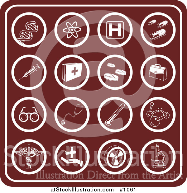 Vector Illustration of Red Medical Icons Including Dna, Molecules, Hospital Signs, Pills, Syringes, First Aid Kids, Rx, Doctor Bag, Glasses, Stethoscopes, Thermometers, and Microscopes