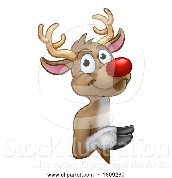 Vector Illustration of Red Nosed Christmas Reindeer Looking Around a Sign