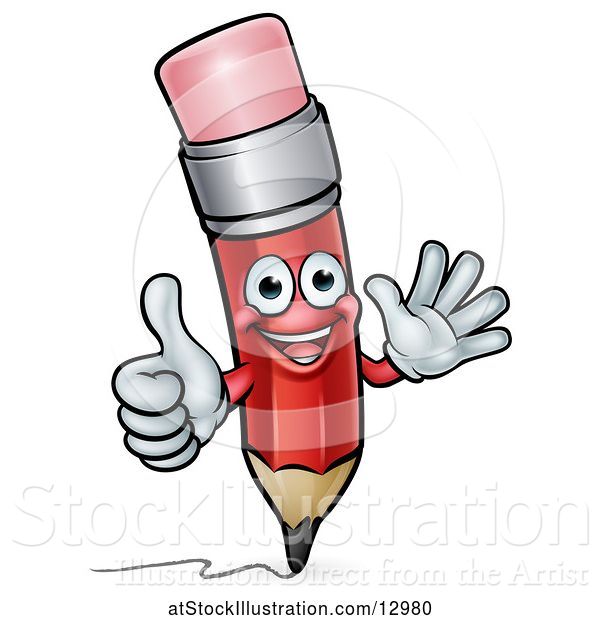 Vector Illustration of Red Pencil Mascot Giving a Thumb up and Waving