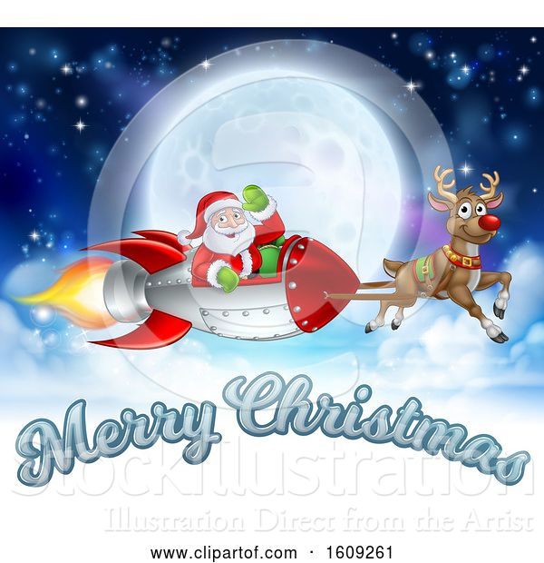 Vector Illustration of Reindeer Flying with Santa in a Rocket Against a Full Moon with Merry Christmas Text