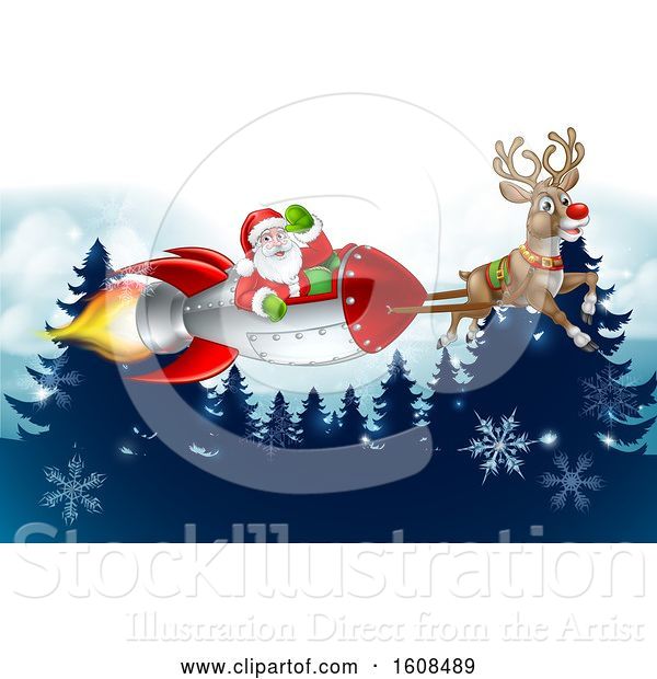 Vector Illustration of Reindeer Flying with Santa in a Rocket over Evergreens with Snowflakes