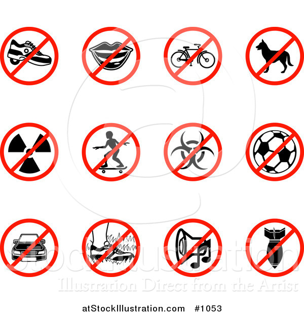 Vector Illustration of Restriction Icons Showing Heelies Shoes, Talking, Bicycle, Dog, Waste, Skateboarding, Biohazard, Soccer, Parking, Walking on Grass, Noise, and a Bomb