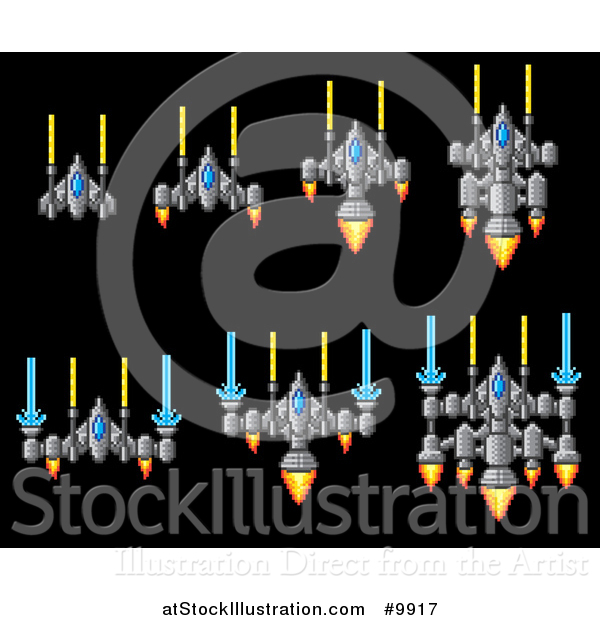 Vector Illustration of Retro 8 Bit Pixel Art Video Game Styled Spaceships on Black