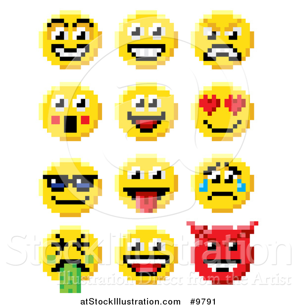 Vector Illustration of Retro 8 Bit Video Game Style Emoji Smiley Faces