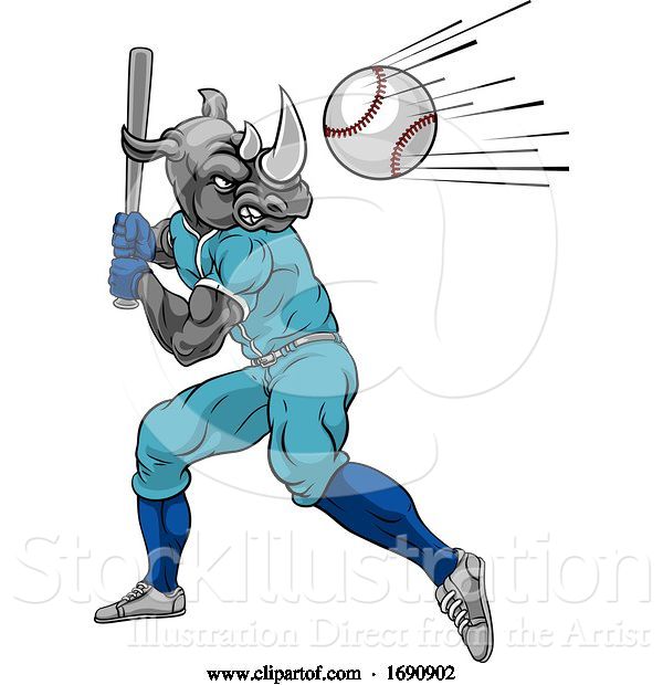 Vector Illustration of Rhino Baseball Player Mascot Swinging Bat at Ball