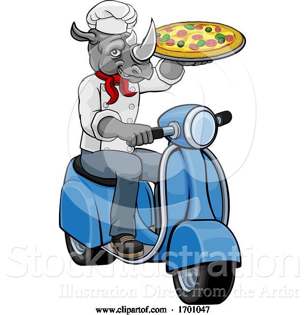 Vector Illustration of Rhino Chef Pizza Restaurant Delivery Scooter