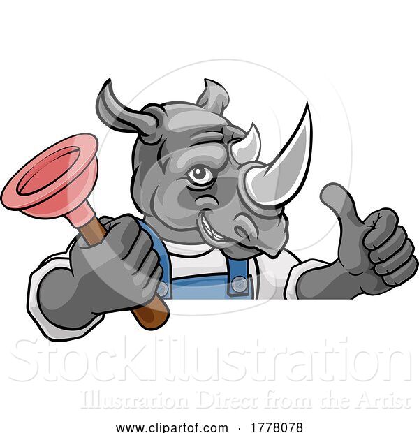 Vector Illustration of Rhino Plumber Mascot Holding Plunger