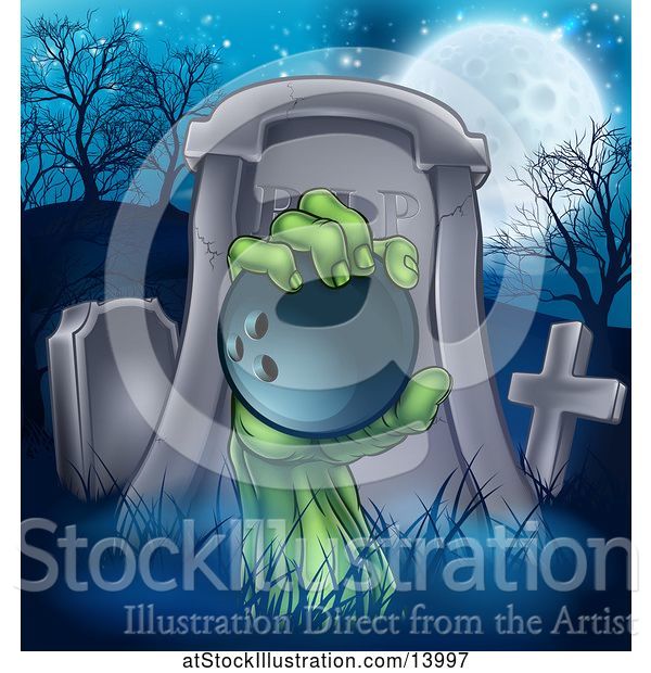 Vector Illustration of Rising Zombie Hand Holding a Bowling Ball in a Cemetery