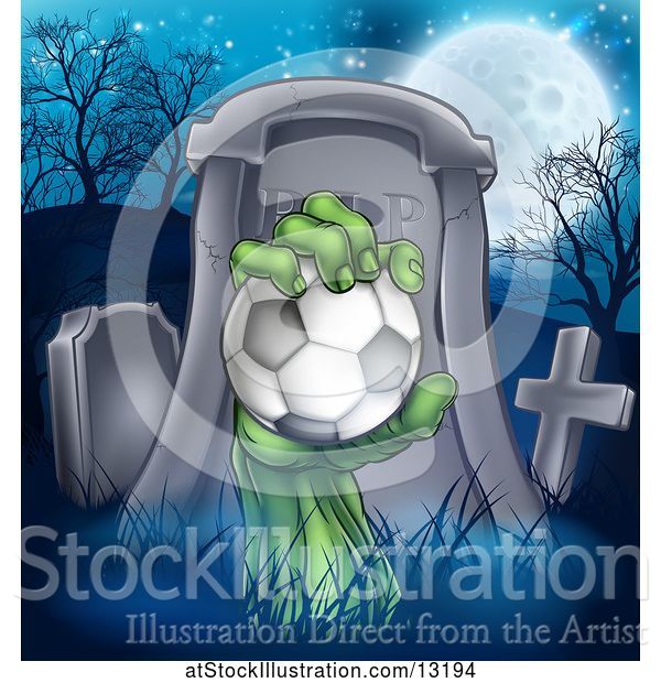 Vector Illustration of Rising Zombie Hand Holding a Soccer Ball in a Cemetery