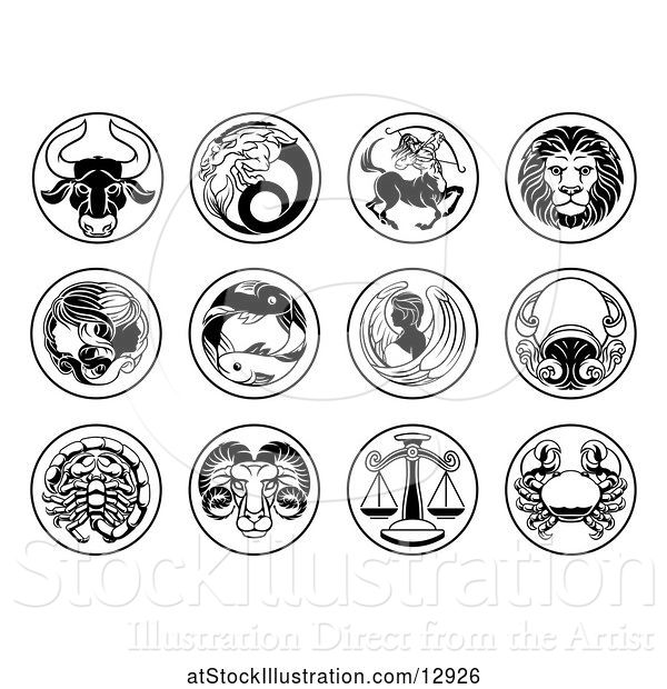 Vector Illustration of Round Black and White Zodiac Astrology Horoscope Star Signs