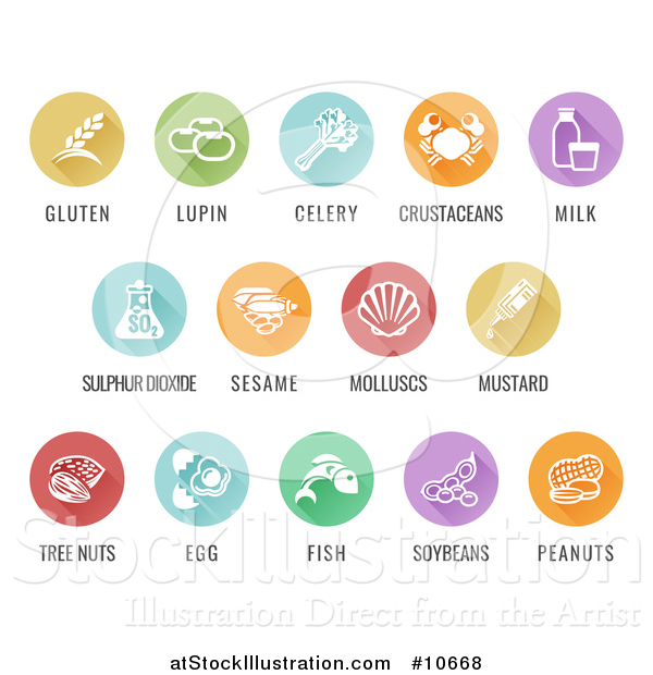 Vector Illustration of Round White and Colored Icons of the 8 FDA Major Allergens