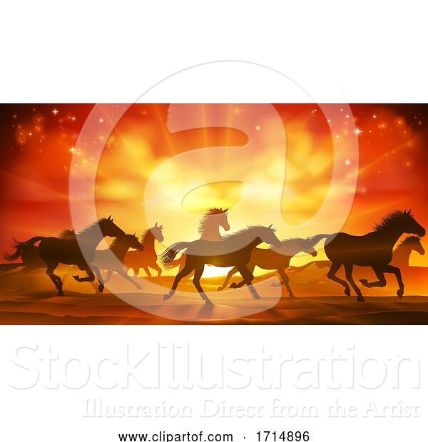 Vector Illustration of Running Horses Silhouette Herd Background
