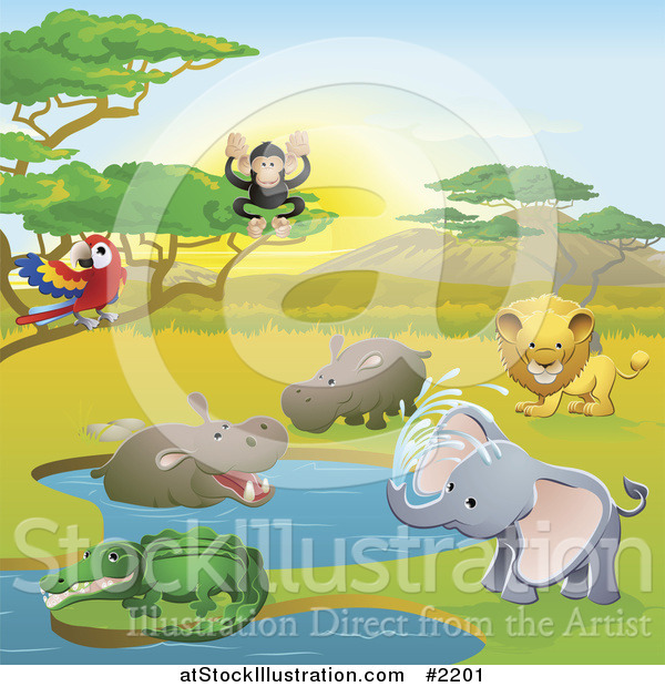 Vector Illustration of Safari Animals in a Watering Hole