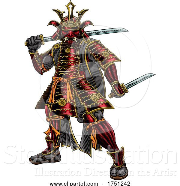 Vector Illustration of Samurai Japanese Warrior Vintage Etching Art Style