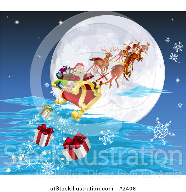 Vector Illustration of Santa and His Reindeer Flying Against a Full Moon and Dropping Christmas Gifts