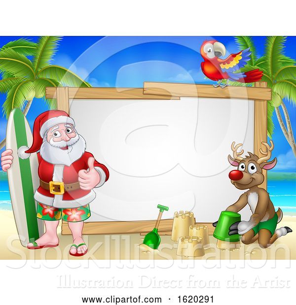 Vector Illustration of Santa Claus and Reindeer Christmas Beach Sign