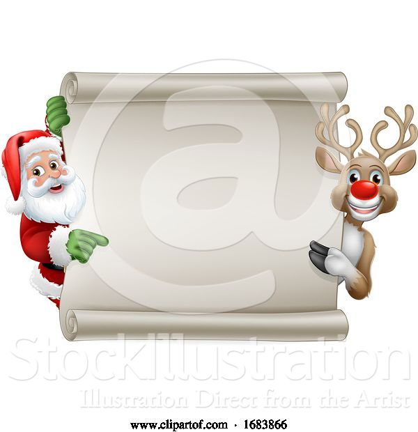 Vector Illustration of Santa Claus and Reindeer Christmas Scroll Sign