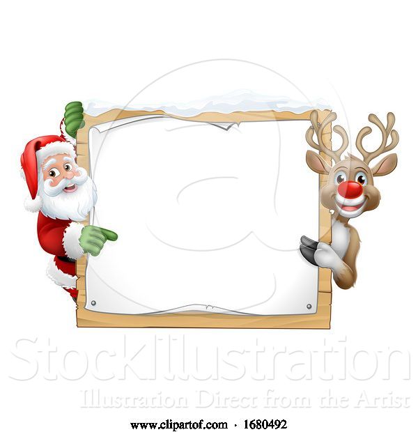 Vector Illustration of Santa Claus and Reindeer Christmas Sign